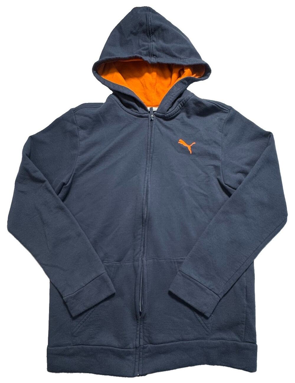 Puma Youth L 14-16 Full Zip Hoodie Blue Orange Fleece Lined Logo Sweatshirt
